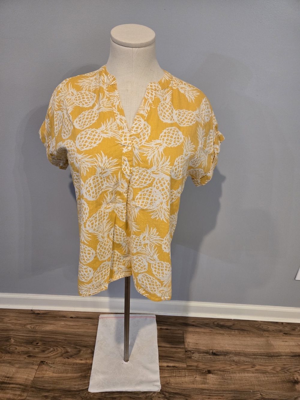 Yellow Pineapple Print V-Neck Blouse